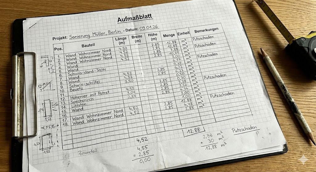 Aufmaßblatt Beispiel – prüffähige Struktur mit LV-Position und Rechenweg Unterschied örtliches Aufmaß und zeichnerisches Aufmaß