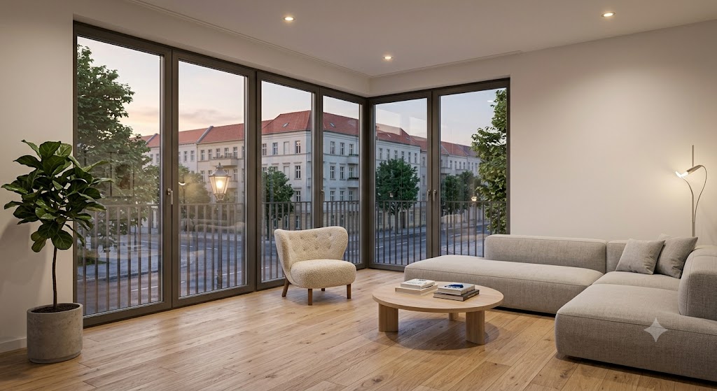 3D Rendering Berlin Innenraum – Architekturvisualisierung Wohnzimmer Licht und Material